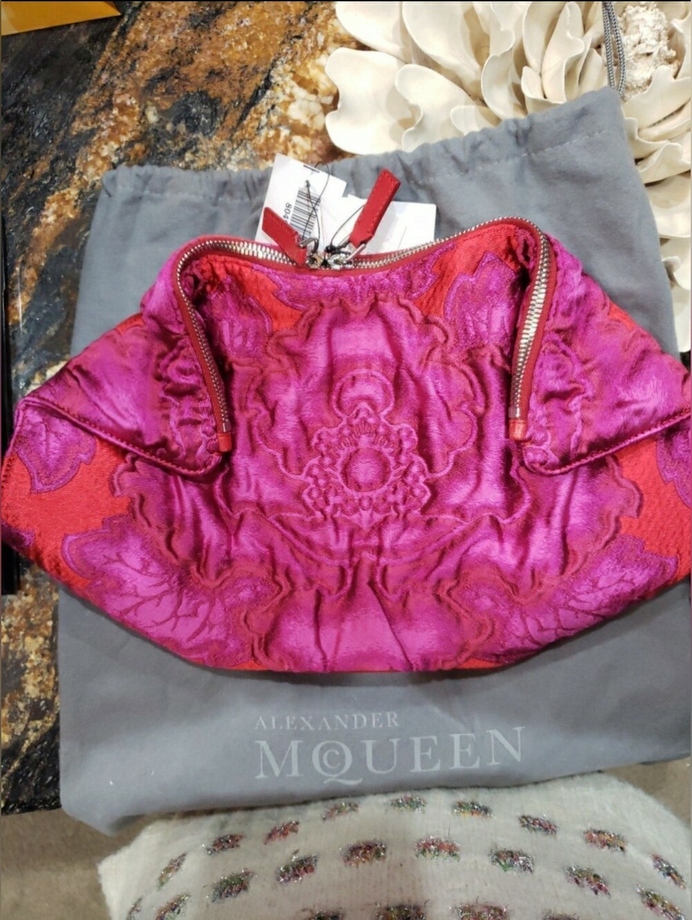 Alexander McQueen Pink and Red Embroidered Brocade Manta Clutch